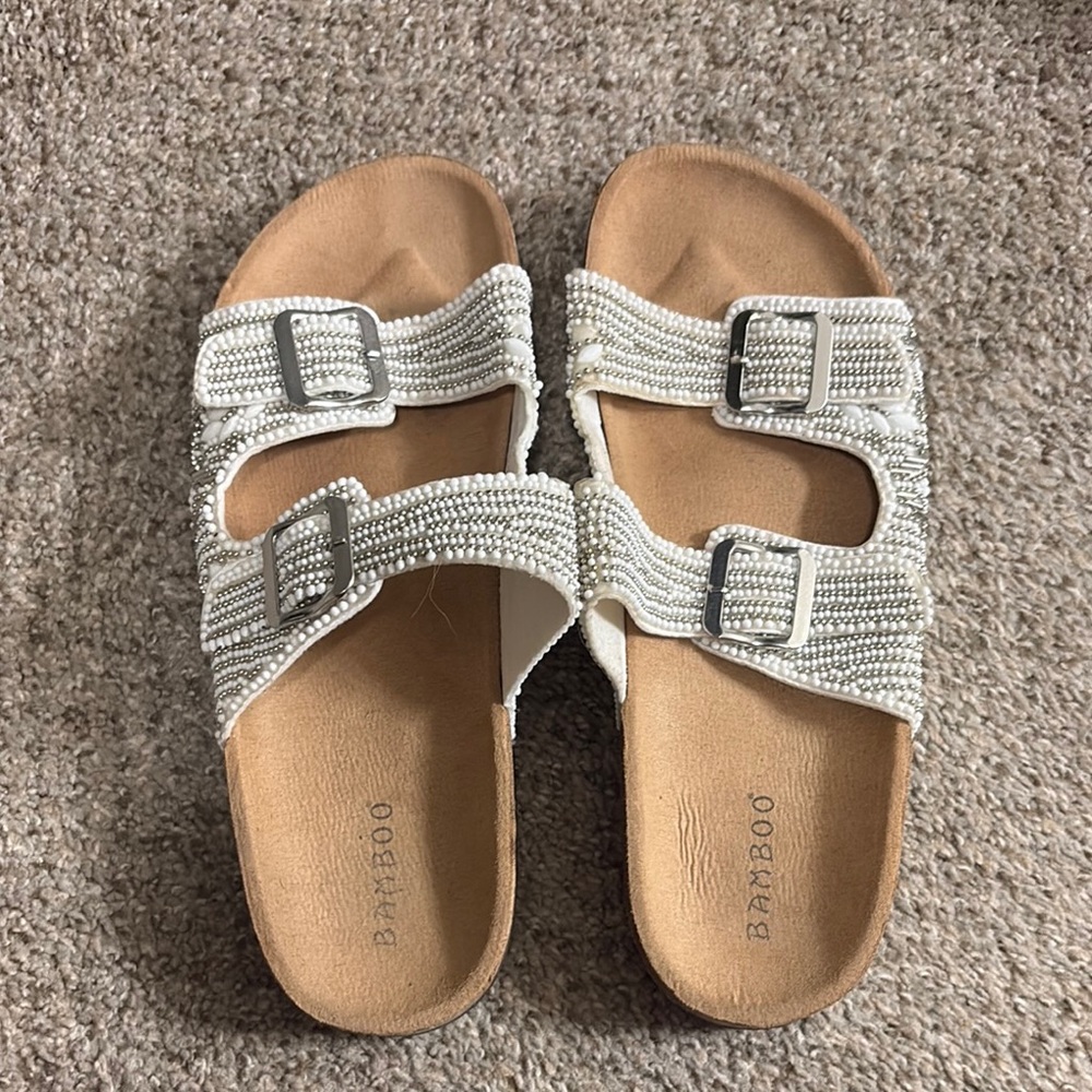 BAMBOO White and Tan Sandals with Adjustable Straps